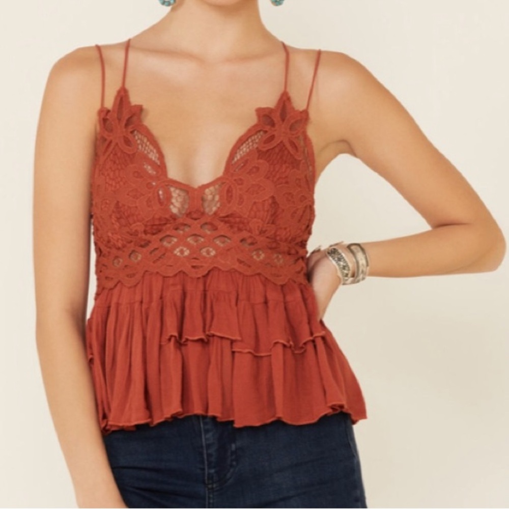 Free People Adella Cami Rust Crochet Lace Tiered with Adjustable Straps